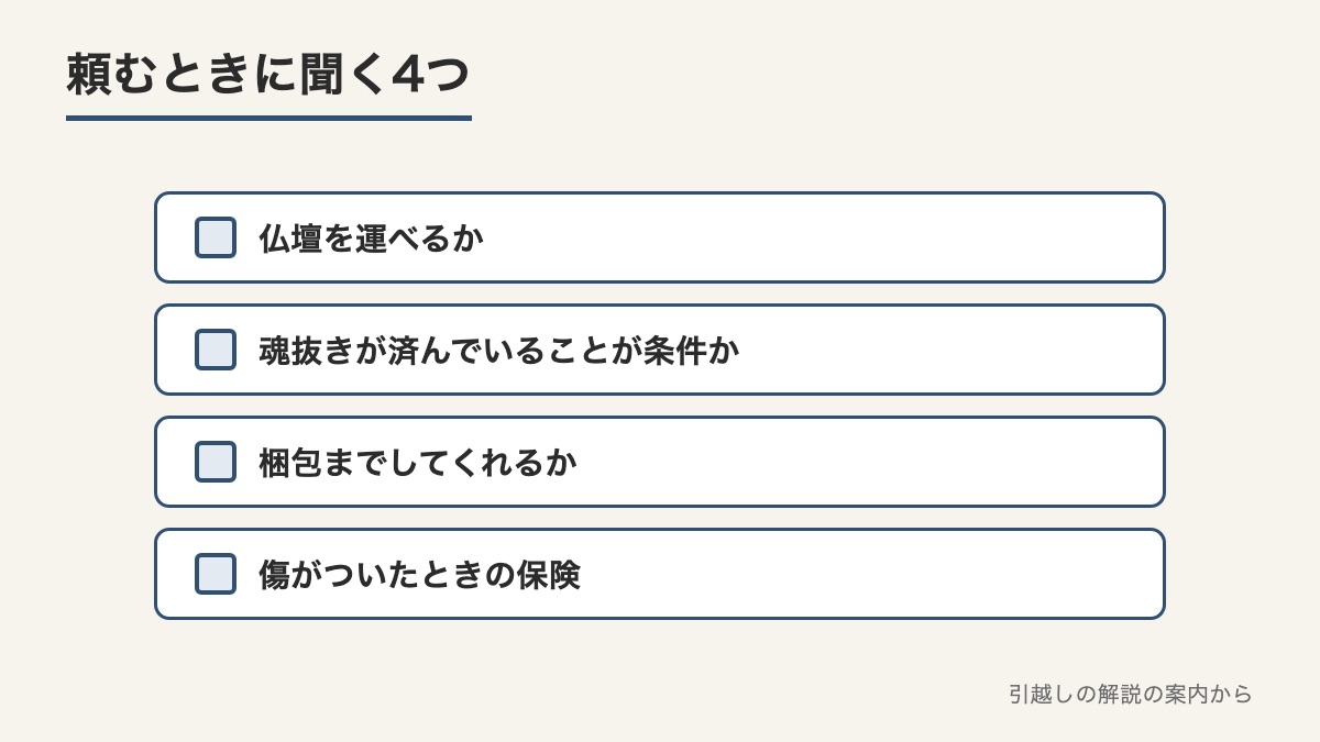 引越しの会社や仏壇店に仏壇の運搬を頼むときに聞いておく4つの事を並べた図