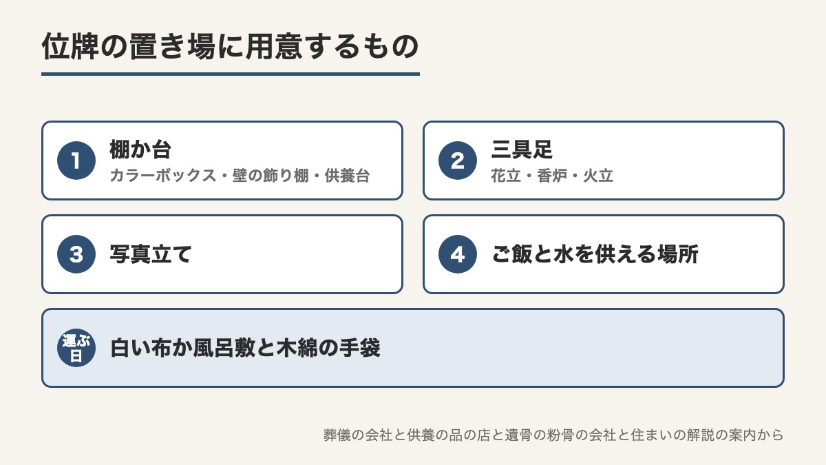 棚か台と三具足と写真立てとご飯と水を供える場所と運ぶ日の布と手袋を用意するものとして並べた図