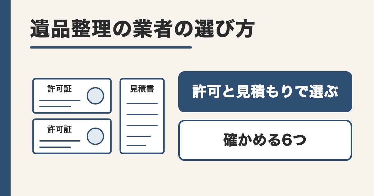 許可証2枚と見積書1枚の線画に許可と見積もりで選ぶと確かめる6つの札を並べた題の画像