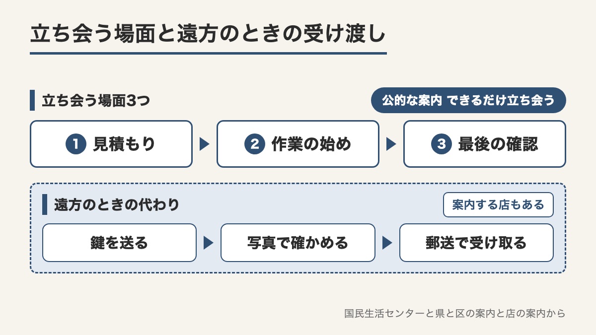 見積もりと作業の始めと最後の確認の3つの場面と遠方のときに鍵を送り写真で確かめ郵送で受け取る流れを並べた図
