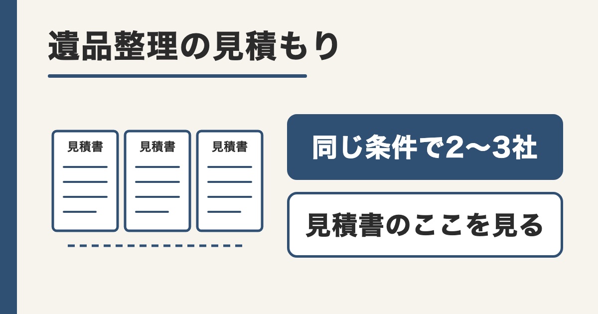 見積書3枚の線画と同じ条件で2〜3社と見積書のここを見るの2つの札を並べた題の画像