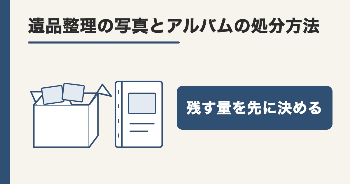 ふたの開いた箱とアルバム1冊の線画に残す量を先に決める札を並べた題の画像
